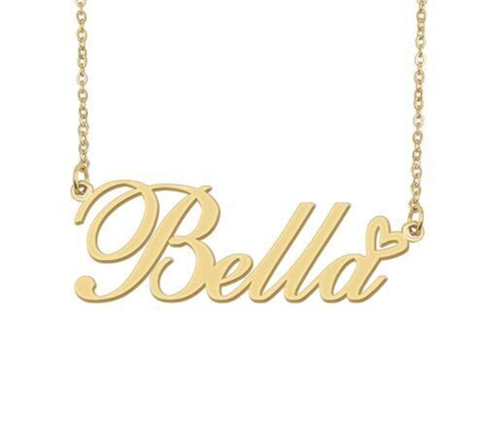 4840 Bella Name Necklace Heart Charm Pendant 18k Gold Plated Stainless